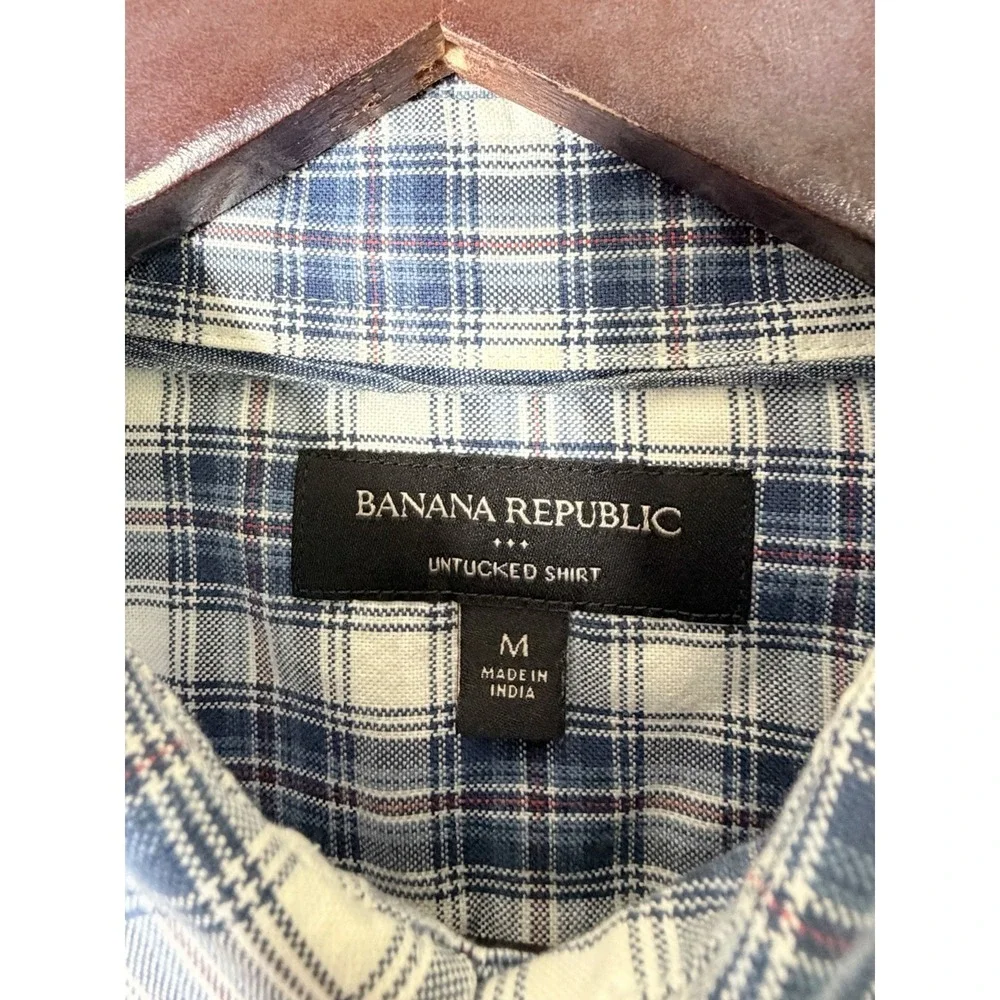Banana Republic Mens Medium Untucked Shirt Blue Plaid Button Front 100% Cotton